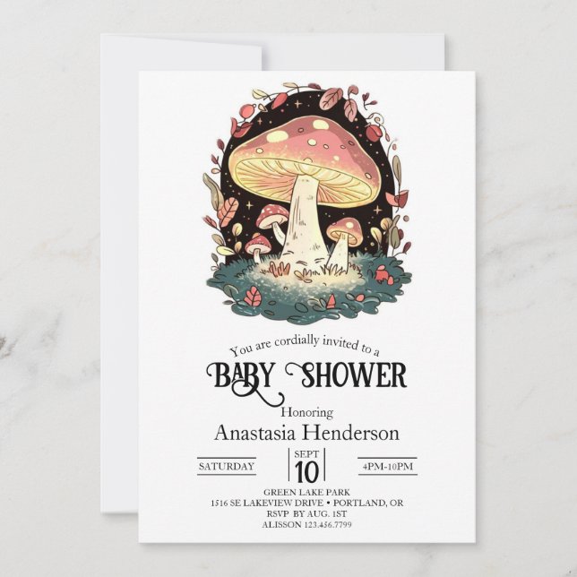Invitation Baby shower aux champignons enchaînés Pastel (Devant)