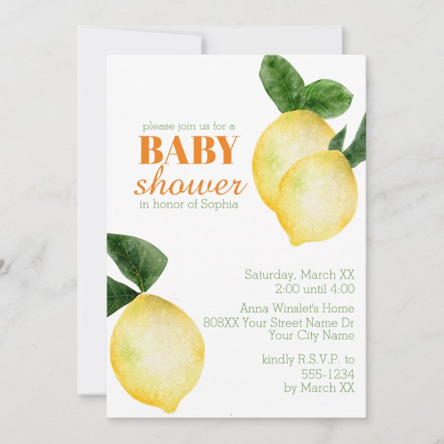 Invitation Baby shower aux citrons aquarelles (Devant)
