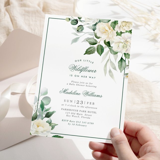Invitation Baby shower aux fleurs blanches d'Eucalyptus (Créateur téléchargé)