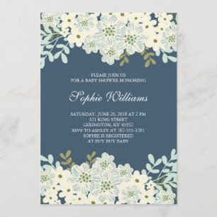 Invitation Baby shower aux fleurs bleues et blanches