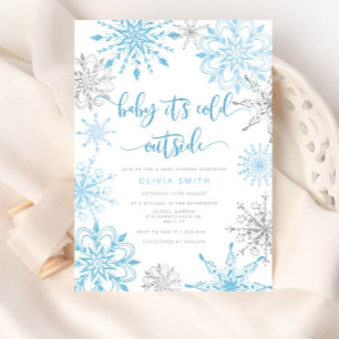 Invitation Baby shower aux flocons d'argent bleu