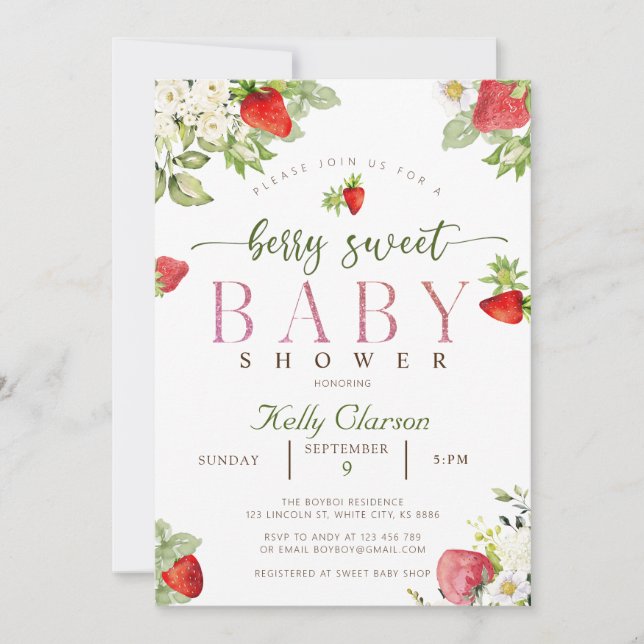 Invitation Baby shower aux fraises (Devant)