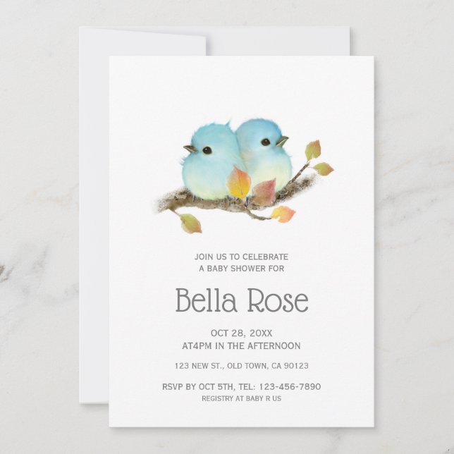 Invitation Baby shower aux oiseaux bleus mignons (Devant)