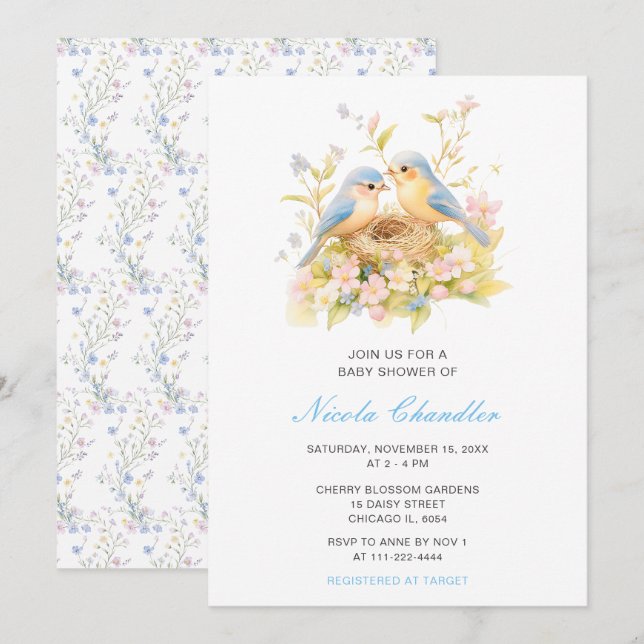 Invitation Baby shower aux oiseaux de printemps (Devant / Derrière)