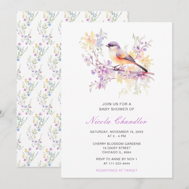 Invitation Baby shower aux oiseaux mignons de printemps (Devant / Derrière)