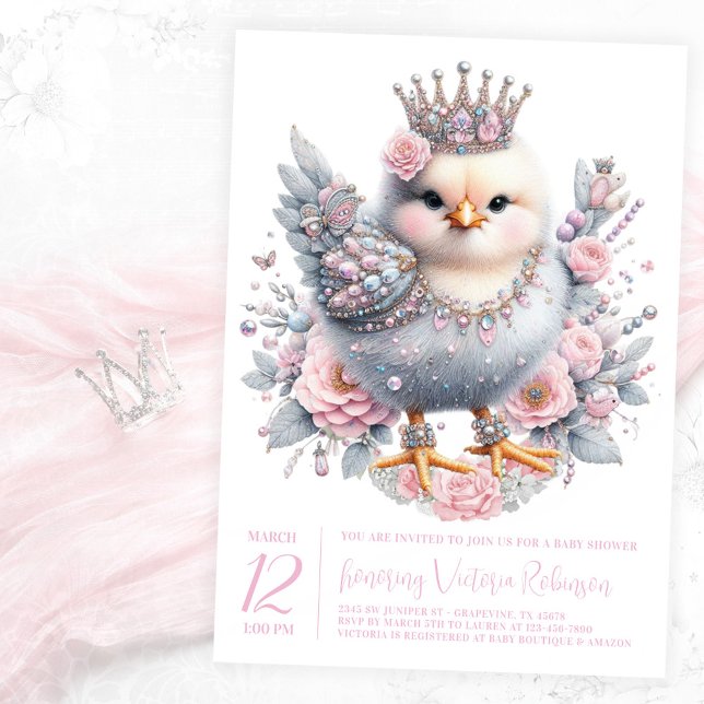 Invitation Baby shower aux poussins de Pâques (Precious newborn chick with jewels and crown on a pink floral background. )
