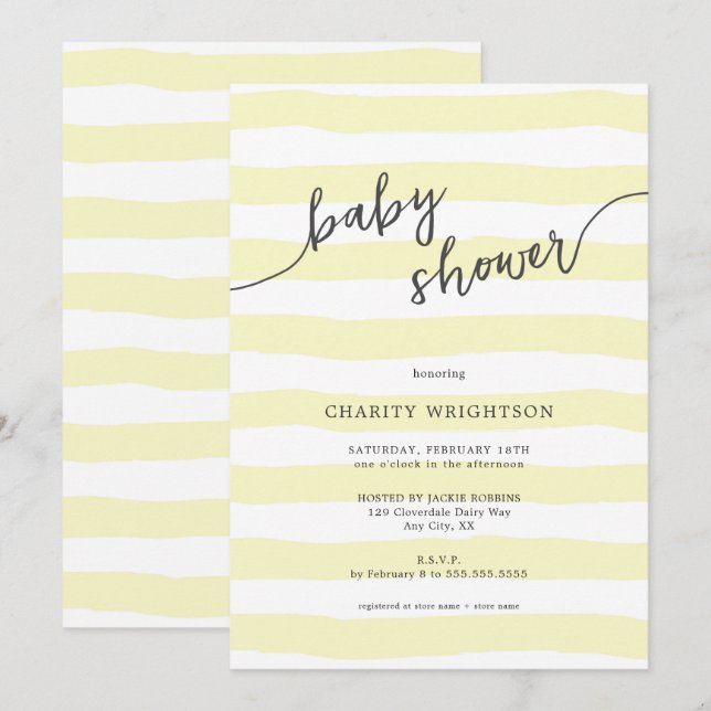 Invitation Baby Shower aux rayures simples à l'aquarelle jaun (Devant / Derrière)