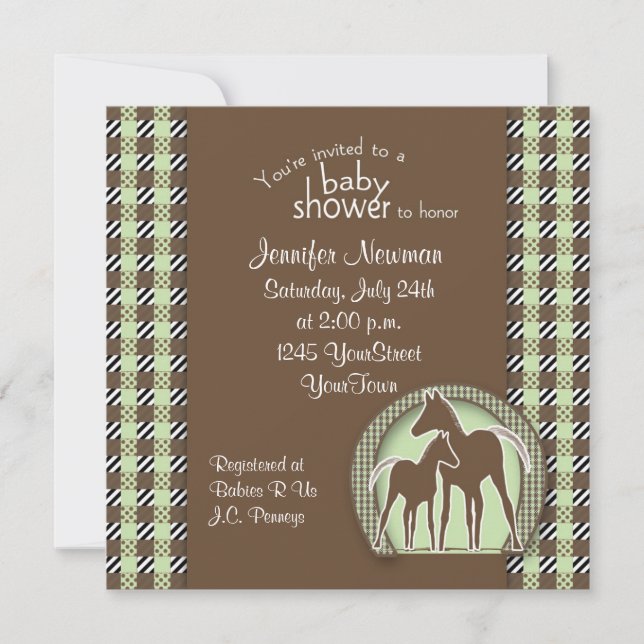 Invitation Baby shower avec des chevaux dans le plaid vert (Devant)