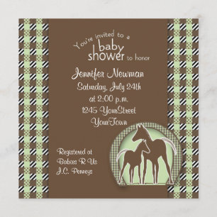 Invitation Baby shower avec des chevaux dans le plaid vert
