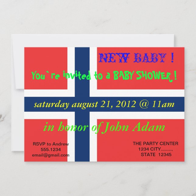 Invitation baby shower avec drapeau de la Norvège (Devant)