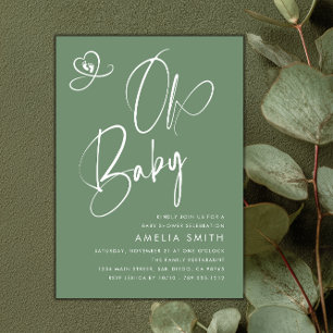 Invitation Baby-Shower avec écriture en vert sauge