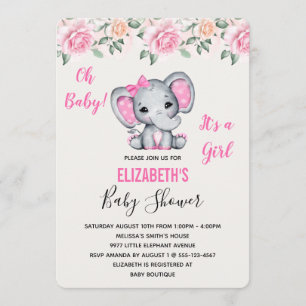 Invitation Baby Shower avec éléphant rose et bordure de roses