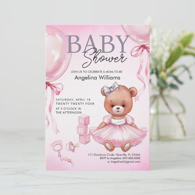 Invitation baby shower avec ours en peluche. (Debout devant)