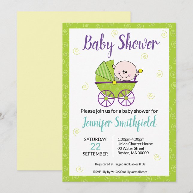 Invitation baby shower avec transport de bébé (Devant / Derrière)