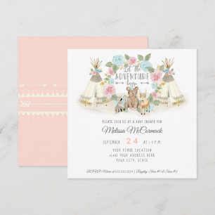 Invitation Baby shower Aventure Commencer Teepee Bear Deer Bl