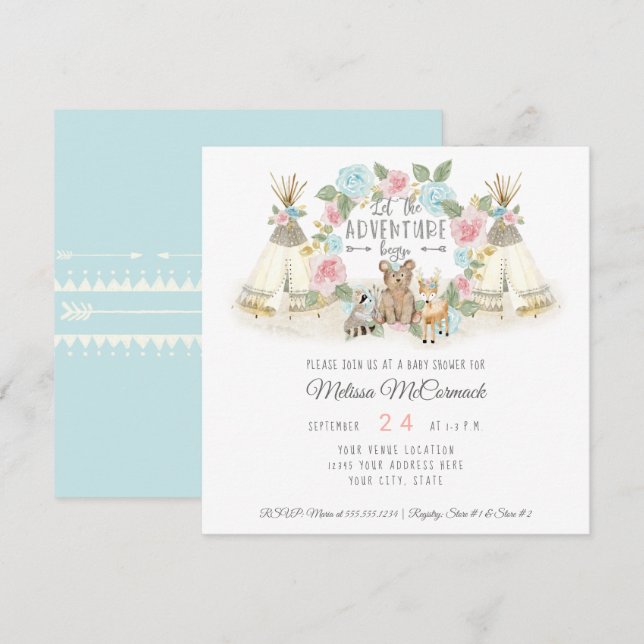 Invitation Baby shower Aventure Commencer Teepee Ours Cerf Bl (Devant / Derrière)