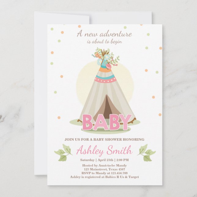 Invitation baby shower aventure Girl Teepee Boho (Devant)