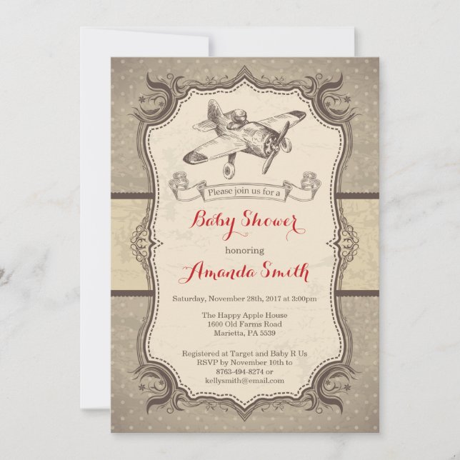 Invitation Baby shower avion Vintage Retro (Devant)
