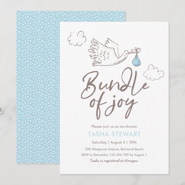 Invitation baby shower | Baby Boy Stork (Devant / Derrière)