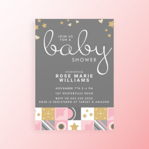 Invitation Baby shower   Baby Pink Moon & Stars