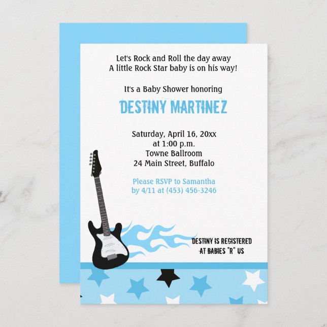 Invitation Baby shower Baby Rock Star (bleu) (Devant / Derrière)