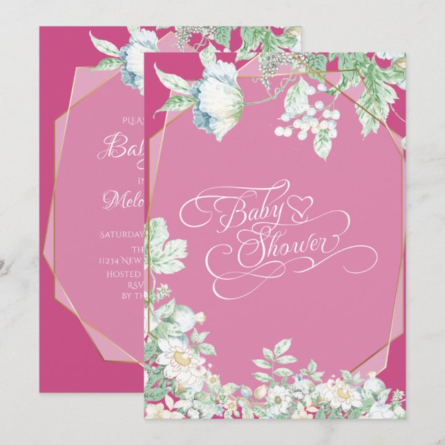 Invitation Baby shower | Baies Fleurs sauvages roses aux frai (Devant / Derrière)