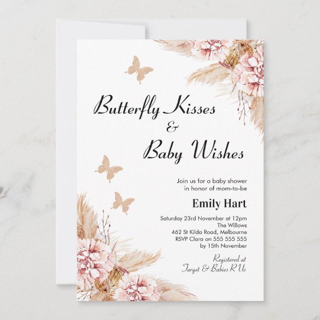 Invitation Baby shower Baisers à papillon floral Boho Blush  (Devant)