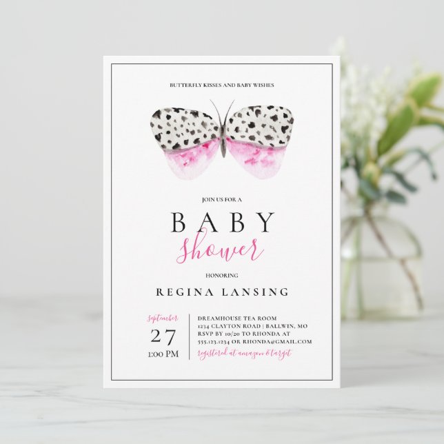 Invitation Baby shower Baisers à papillon rose (Debout devant)