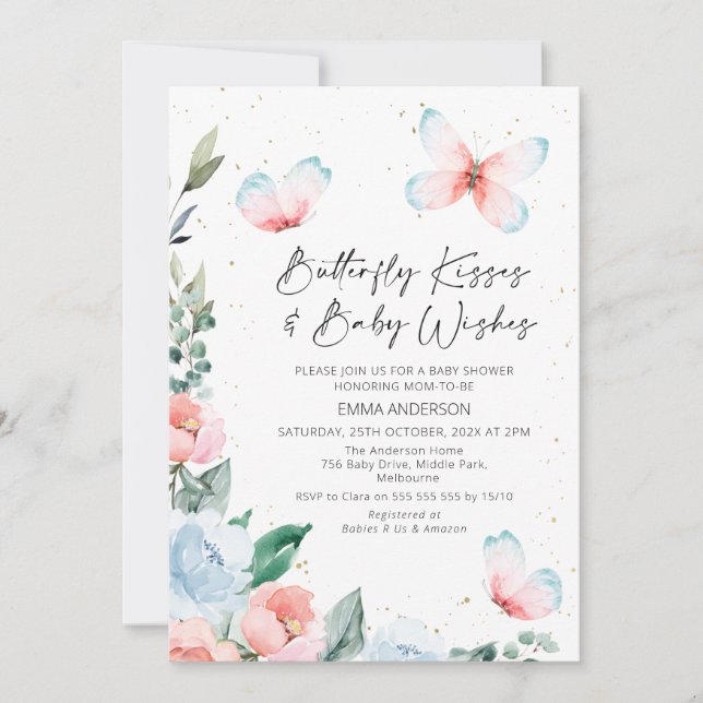 Invitation Baby shower Baisers à papillon rose (Devant)