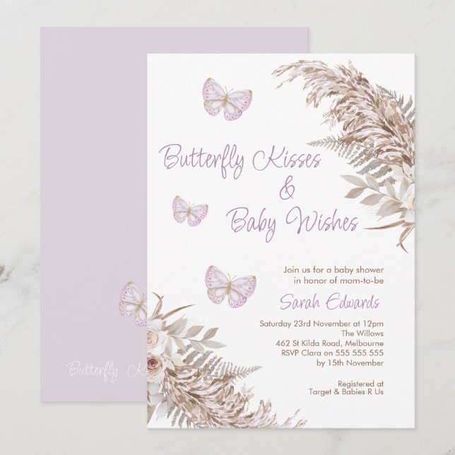 Invitation Baby shower Baisers floraux Lavender Boho (Devant / Derrière)