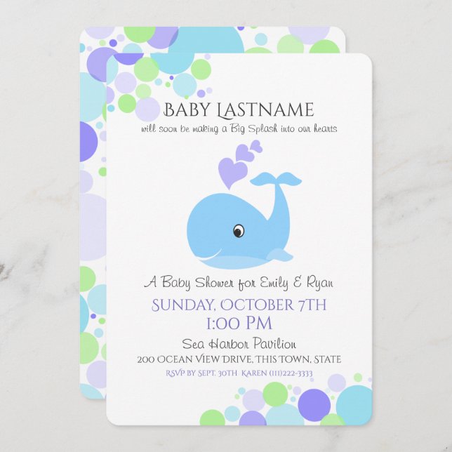 Invitation Baby shower baleine (Devant / Derrière)