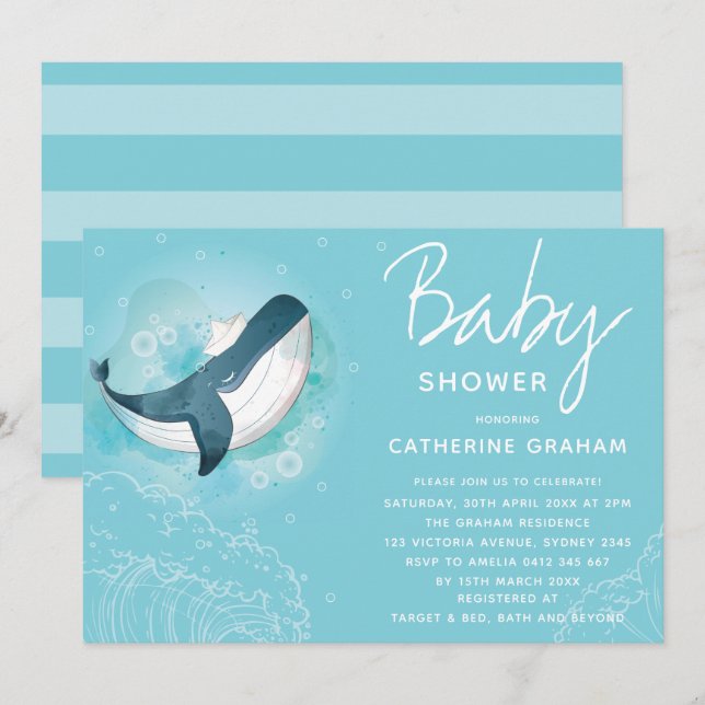 Invitation Baby shower baleine bleu (Devant / Derrière)