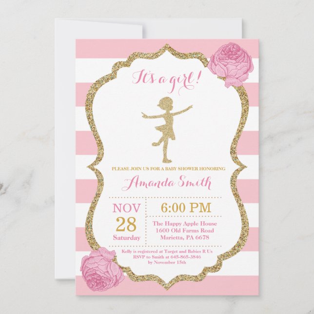 Invitation Baby shower Ballerina Parties scintillant rose et  (Devant)