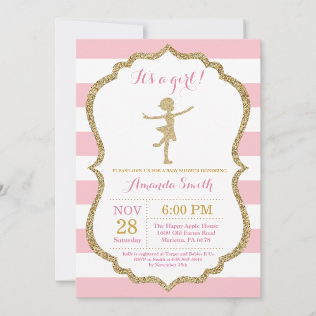 Invitation Baby shower Ballerina Parties scintillant rose et  (Devant)