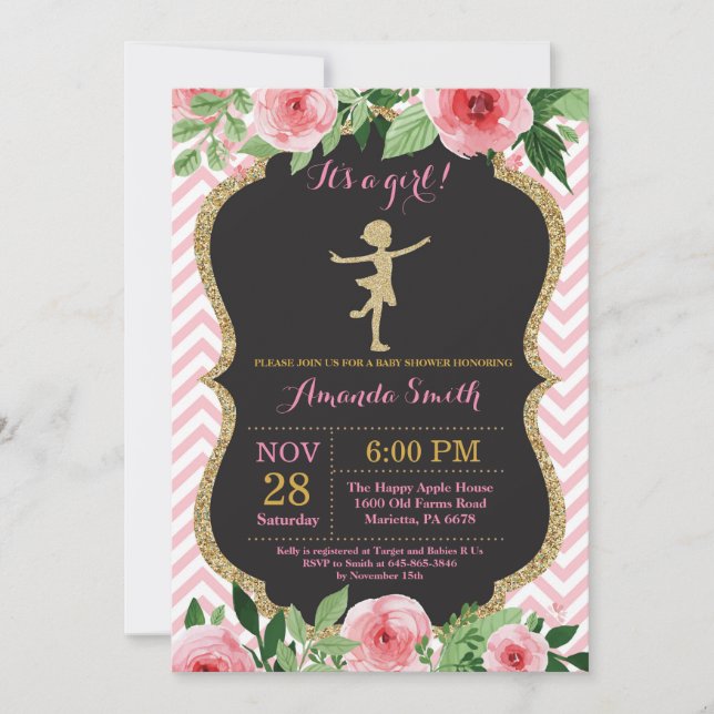 Invitation Baby shower Ballerina Parties scintillant rose et  (Devant)