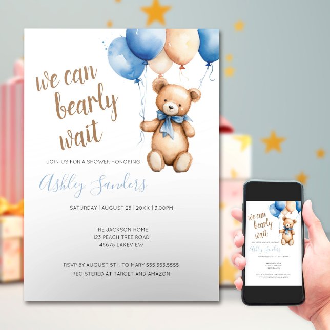 Invitation Baby shower Ballons Teddy Bear Blue Tan (Créateur téléchargé)
