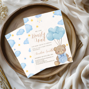 Invitation Baby shower Ballons Teddy Bear Blue Tan