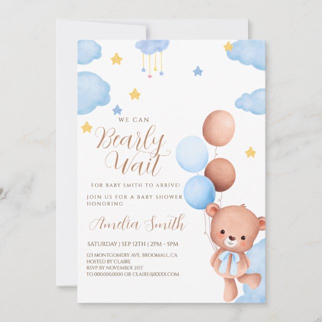 Invitation Baby shower Ballons Teddy Bear Blue Tan (Devant)