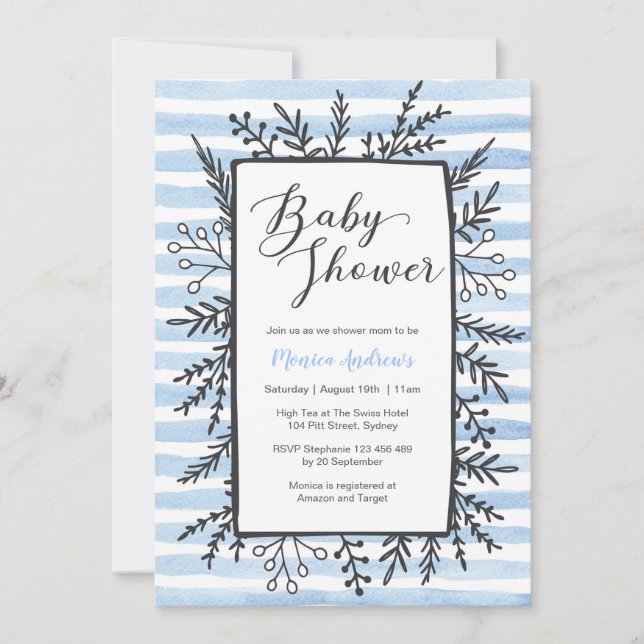 invitation baby shower | Bandes et fleurs bleues (Devant)