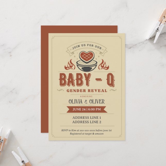 Invitation Baby shower barbecue, Baby-Q genre révéler (Devant/Arrière en situation)