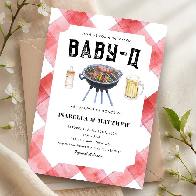 Invitation Baby shower barbecue rouge En vichy bébé-Q (BBQ Baby Shower Red Gingham Baby Q Invitation)