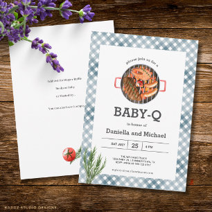 Invitation Baby Shower Barbecue Rustique à carreaux bleus