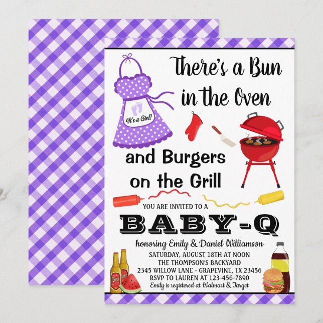 Invitation Baby shower barbecue violet fille (Devant / Derrière)