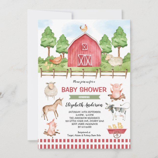 Invitation Baby shower Barnyard Farm Animals (Devant)