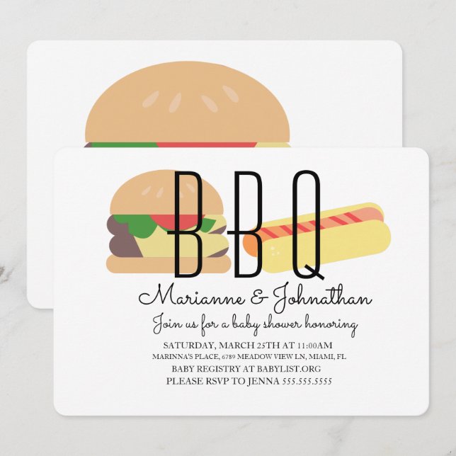 Invitation Baby shower BBQ Baby Q Jardin Hot Dog Hamburger (Devant / Derrière)