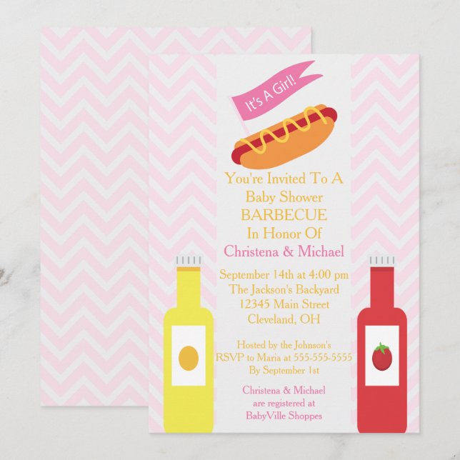 Invitation Baby shower BBQ Pink Chevron Hotdog (Devant / Derrière)