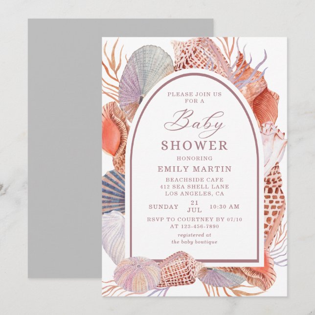 Invitation Baby shower Beach Seashells Aquarelle Nautique (Devant / Derrière)