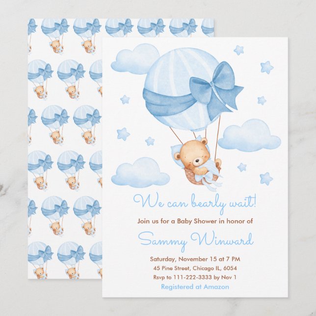 Invitation Baby shower Bearly Wait Blue Balloon Boy (Devant / Derrière)