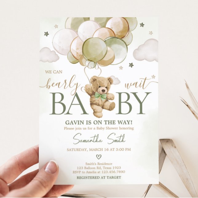 Invitation Baby shower Bearly Wait Green Balloon (Gender Neutral Bear Balloons Baby Shower Invitation)