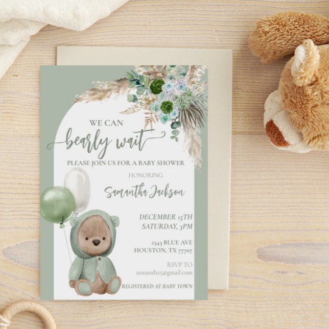 Invitation Baby shower Bearly Wait Green Boho Bear (Créateur téléchargé)